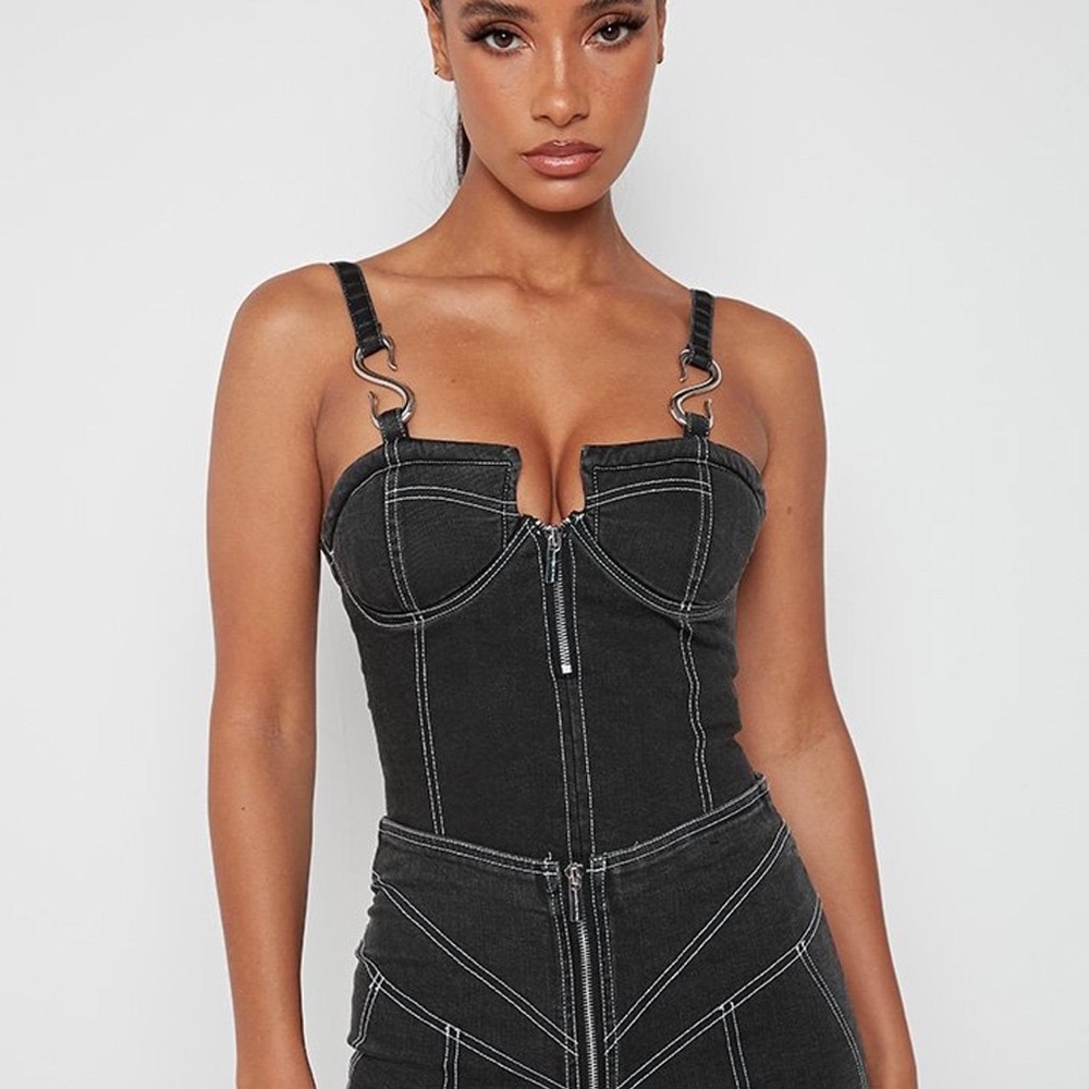 Maniere De Voir Black Denim Corset Bodysuit